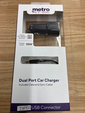 Metro by T-Mobile Dual Port Car Charger 15W w/ USB-C Cable New